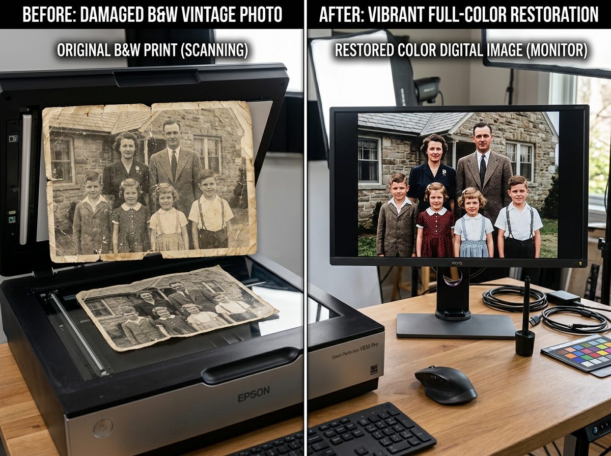 Before and after photo restoration comparison of vintage family photo